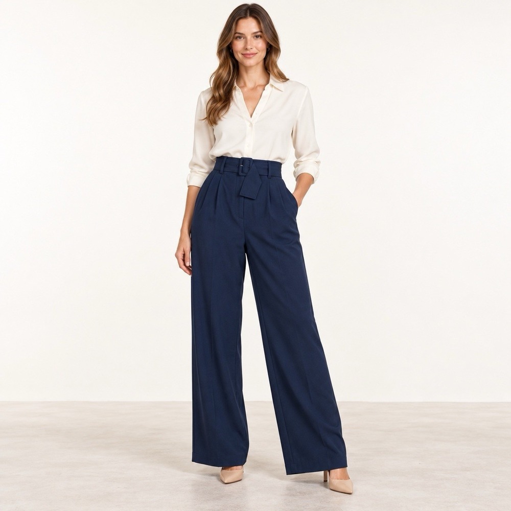 Express Womens 6L Wide Leg Super High Rise Belted Pants Navy Blue NWT